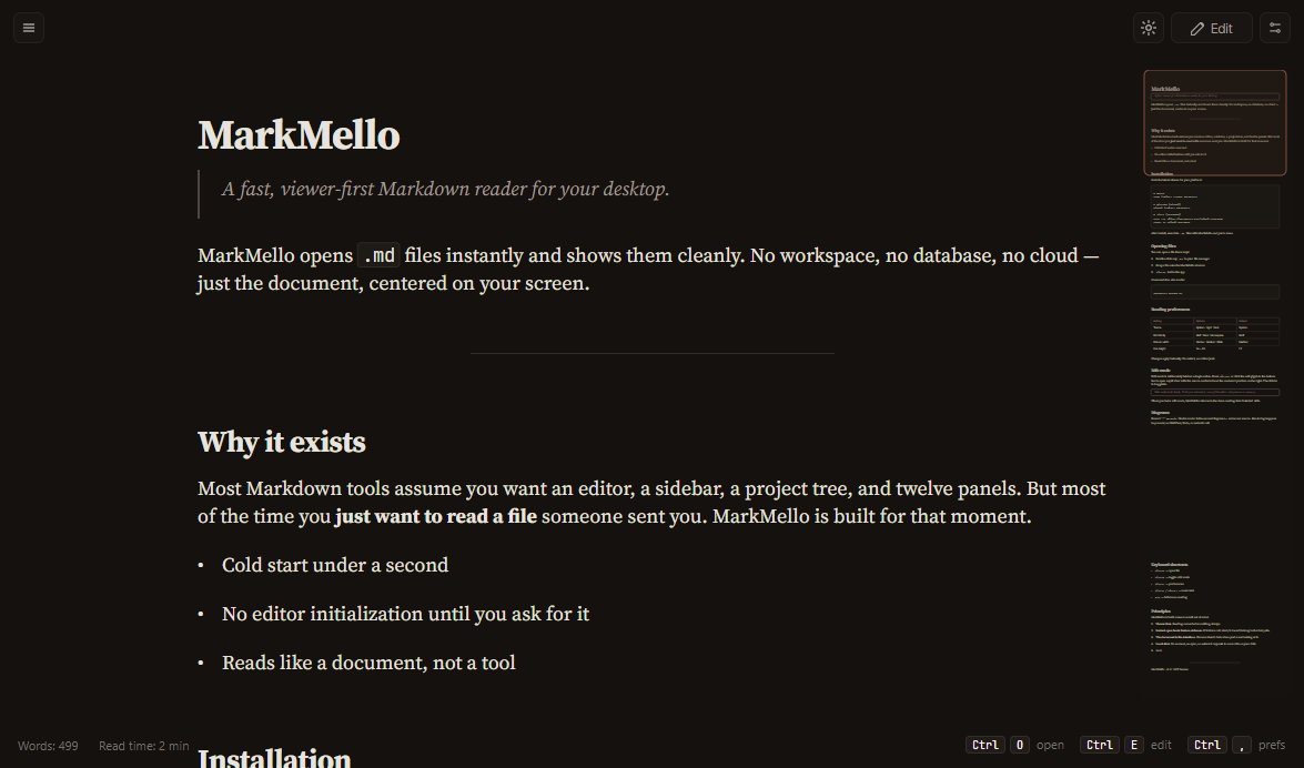 MarkMello application interface showing a rendered Markdown document